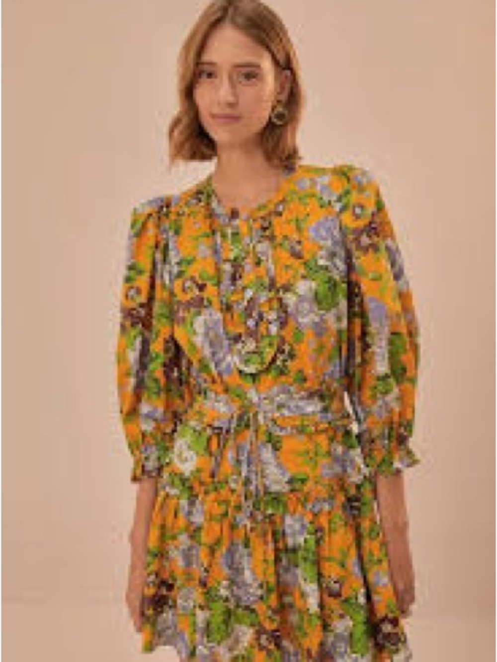 FARM Rio Yellow Floral Puff-Sleeve Tie-Waist Mini Dress